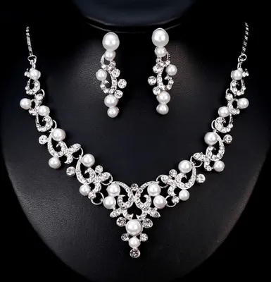 Produktbild von Mode Legierung Strass Faux Perle Halskette Ohrringe Frauen Braut Schmuck Set