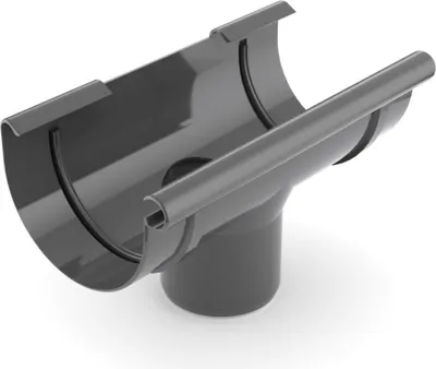 A dark gray plastic gutter downspout connector with a white background.