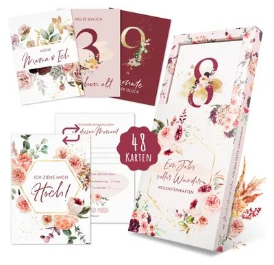 Produktbild von EULENTALER® Meilensteinkarten Baby I Von Pädagogen & Eltern gestaltet I Meilenstein Karten Set als Geschenk zur Geburt & Babyparty I 48 Karten Inkl. Geschenkbox für Jungen & Mädchen
