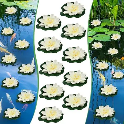 Immagine prodotto di Ninfee galleggianti artificiali da 10 cm - Cesto di fiori artificiali bianchi per la decorazione del laghetto da giardino