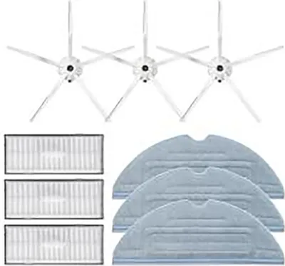 A set of replacement parts for a robotic vacuum cleaner, including side brushes, filters, and cleaning cloths.
