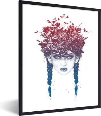 Produktbild von MuchoWow® Gerahmtes Poster Frau - Blumen - Natur - Vögel 60x80 cm - Poster mit Schwarzem Bilderrahmen Wandposter Rahmen Foto Bilder - Premium - Wanddeko Wohnzimmer