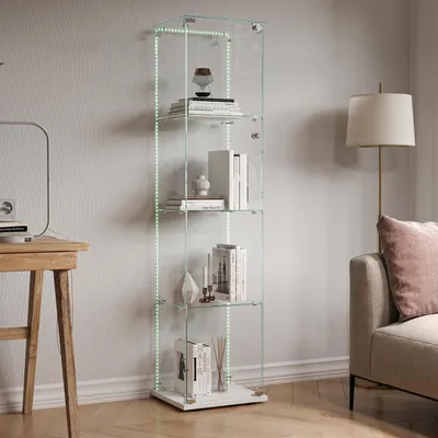 Obrázok produktu pre Sklenené vitríny s LED osvetlením, 4 sklenené police, uzamykateľné, biele