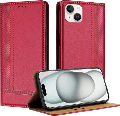 Produktbild von Handyhülle für iPhone 15 Plus Leder Flip Klappbare Schutzhülle mit Standfunktion Rot