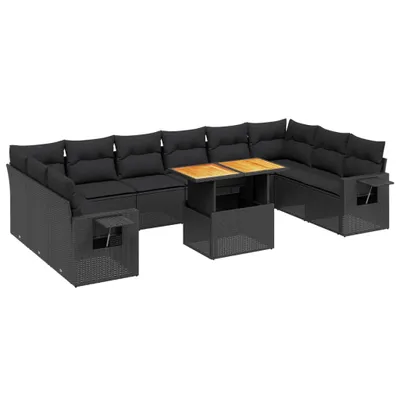 Produktbild von Modulares Garten-Loungeset, 11-teilig, mit verstellbarem Tisch, klappbaren Ablagen, Poly Rattan Schwarz, abnehmbare Kissenbezüge