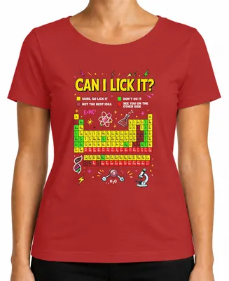 Imagen del producto de Camiseta para mujer, color rojo, talla 3XL, con la frase "Can I Lick It Science Chemistry Periodic Table Statement" (que podría traducirse como "Puedo lamerlo. Ciencia, química, tabla periódica. Declaración")