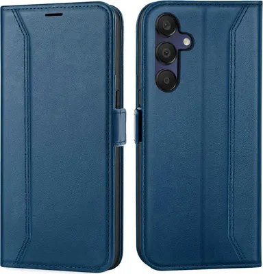 A blue flip case for a smartphone is shown from the front and back.