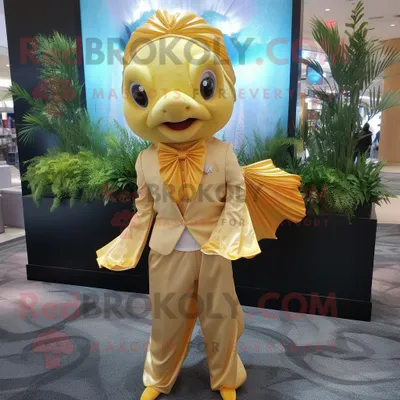 Produktbild von Goldene REDBROKOLY Betta-Fisch Maskottchen kostümfigur bekleidet mit einer Anzughose und Umhängen