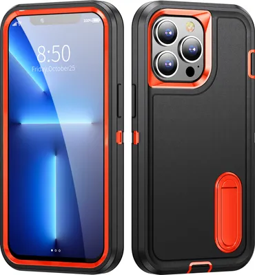 Produktbild von Hülle für iPhone 13 Pro Max Hybrid Dreilagige Robust Stoßfest Schwerlast Schutzhülle mit Ständer Schwarz Orange