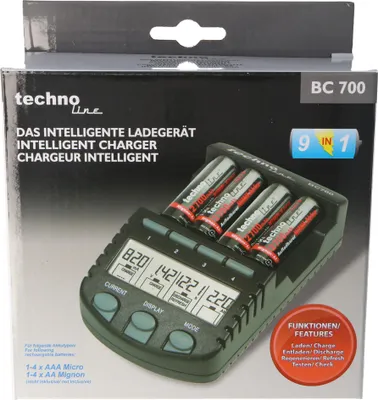 The image shows the retail packaging of a battery charger, with the charger and batteries visible.