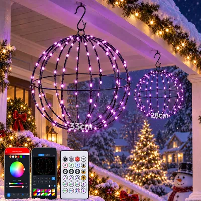 Zdjęcie produktu dla 2 sztuki inteligentne świąteczne lampki dekoracyjne w kształcie kuli, 33 cm i 28 cm, z 228 diodami LED, 40 trybów, sterowanie przez aplikację, RGB, timer, idealne do dekoracji świątecznych, do użytku wewnątrz i na zewnątrz, składane