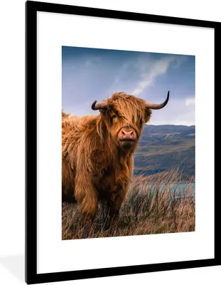 Produktbild von MuchoWow® Gerahmtes Poster Schottischer Highlander - Berg - Wasser - Natur - Kuh 60x80 cm - Poster mit Schwarzem Bilderrahmen Wandposter Rahmen Foto Bilder - Wohnzimmer - Dekorationen - Prämie