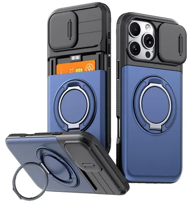 Produktbild von Handyhülle mit Kartenfach für iPhone 16 Pro Max, Schiebe Kameraschutz, Ringhalter Ständer, Stoßfeste Schutzhülle Blau