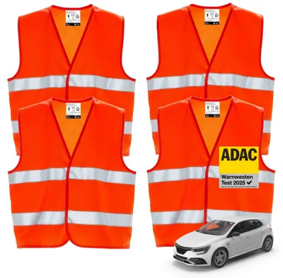 Produktbild von 4er Warnwesten Auto ISO20471 orange 2024 - leuchtende & reflektierende Sicherheitswesten für PKW & LKW - Autozubehör für Notfälle und Pannen