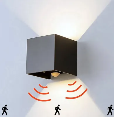 Produktbild von Goliving Wandleuchten mit Bewegungsmelder – Wandlampe schwarz für drinnen und draußen – Würfellampe industriell – Wasserdichte LED-Beleuchtung – Energieeffizient und rostfrei