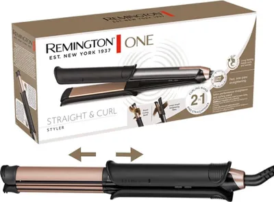 A product box for a Remington hair styler, with the product shown both on the box and separately below.