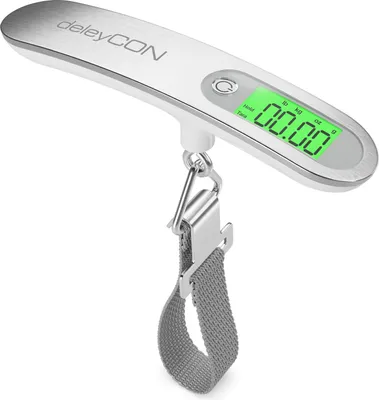 Produktbild von deleyCON Digitale Kofferwaage Gepäckwaage mit Display (bis 50kg, Inkl. Batterie) Tragbare Waage mit Haken für Reisekoffer Küche Angeln Hängewaage Fischwaage mit TARA Funktion Silber/Weiß