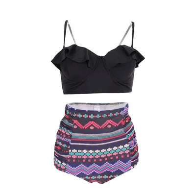 Produktbild von Sexy plavky s vysokým pasem a špagetovými ramínky Falbala Tankini Set, Black/2XL