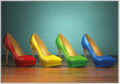 Produktbild von Wallario Wandbild Bunte Schuhe - High Heels für Frauen, Größe: 70,30 x 100,30 cm, Poster mit weißem Kunststoffrahmen