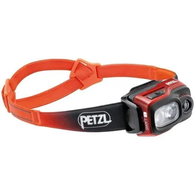 A red and black Petzl Swift RL headlamp with an orange adjustable strap is shown against a white background.