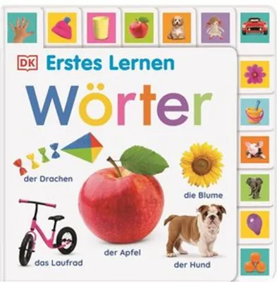 A children's book cover with various illustrations of objects and animals.
