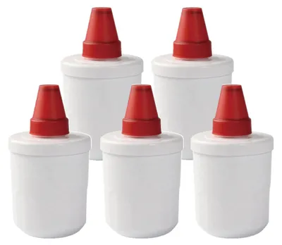 A group of five white water filter cartridges with red caps, arranged in a staggered formation on a white background.