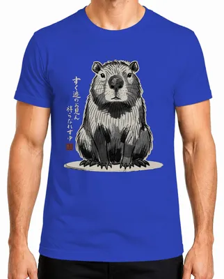Imagen del producto de Camiseta para hombre con diseño de capibara al estilo japonés sumi-e, con motivos de "wasserschwein" (cerdo de agua), estilo japonés Y2K, color azul, talla L
