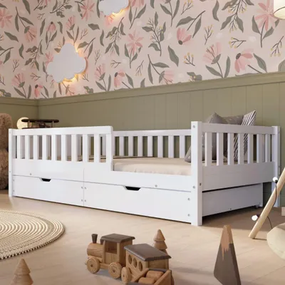 Image de Crazy Pine Lit d'enfant avec tiroir 200x120cm - Lit de sol Montessori massif en bois blanc avec protection contre les chutes - Crazy Basic, Image générée par une IA