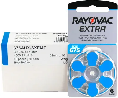 A product shot of hearing aid batteries in their packaging and a box.