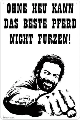A black and white illustration of Bud Spencer leaning forward with a wide smile, his fists clenched and resting on a surface. Above him, text in German is displayed.
