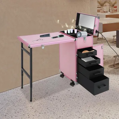 Imagen del producto de Mesa de manicura con ruedas - Rosa - 57x38x68 cm - 4 cajones