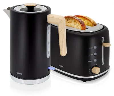 A black electric kettle and a black toaster with toasted bread are displayed together on a white background.