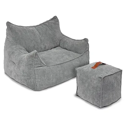 Obrázek produktu pro Puluomis Obří sedací vak s podnožkou XXL, sedací vak sedací vak  95 x 100 cm, nosnost 150 kg, do obývacího pokoje, čtecího koutku, herny, šedý