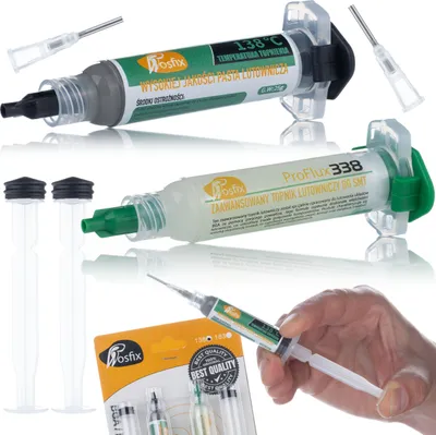Obrázek produktu pro Pájecí sada Rosfix ProFlux338 + tekuté cínové pájky 138 °C + 2x píst, 2x jehla Kompletní pájecí sada: Rosfix ProFlux338 s tekutým cínem 138 °C, 2 t