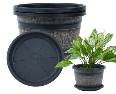 Obrázek produktu pro Sada 3 květináčů, design sudu na whisky, rozměry 25x17 cm, plast, včetně podtácek