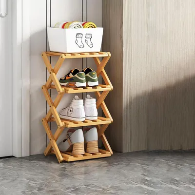 Immagine prodotto di Portascarpe pieghevole a 4 ripiani, in legno, dimensioni 25x25x57 cm