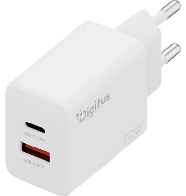 Produktbild von Digitus USB Charger 20W, 1x USB-C, 1x USB-A, Drinnen, AC, Weiß