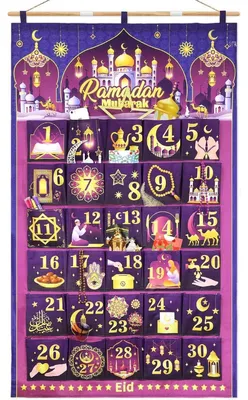 Productafbeelding van Ramadan-kalender, adventskalender, navulbaar, 30 zakjes, 2025, paars en goud