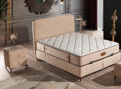 Produktbild von Beige Textil-Holz Bett mit Matratze modern und komfortabel
