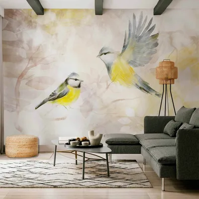 Produktbild von Selbstklebende Folie Fototapete - Painted tits - bird motif with patterns in yellow and beige tones 343x256 cm Tiere g-A-10045-a-c