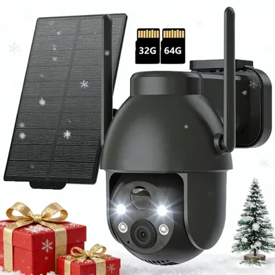 Image de 2K caméra de surveillance extérieure batterie 360° PTZ caméra sans fil avec vision nocturne couleur caméra solaire surveillance extérieure PIR détecteur de mouvement avec 32G & 64G