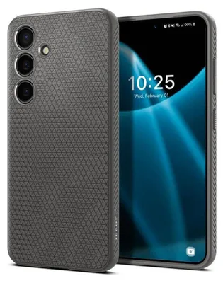 A smartphone case is shown next to a smartphone displaying the time and date.