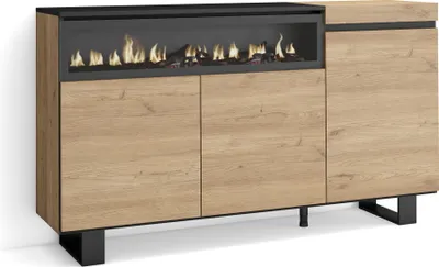 Image de COZY Buffet salon et cuisine, 150x35x87cm, 3 Portes, Cheminée électrique, Chêne et noir