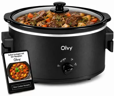 Produktbild von Olvy Slow Cooker 6L – Schongarer mit keramischem Innentopf – Warmhaltefunktion – inkl. Kochbuch