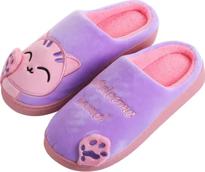 Produktbild von Kuschelige Plüsch Hausschuhe, Pantoffeln, Tier-Schlappen für Damen, Mädchen | 34/35 EU | Katze Lila Pink