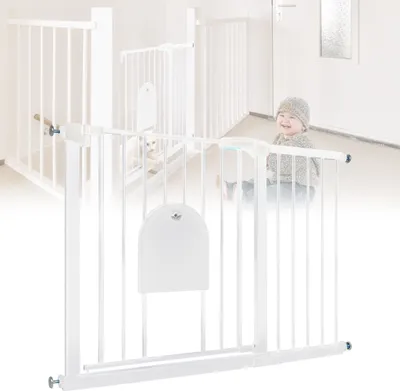 Image de Barrière de sécurité XMTECH Barrière d'escalier sans perçage 105-115cm Barrière de sécurité avec portillon pour chiens et chats (Blanc)