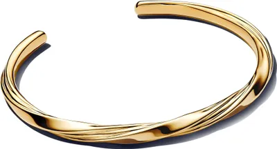 A gold-colored twisted cuff bracelet is shown against a white background.