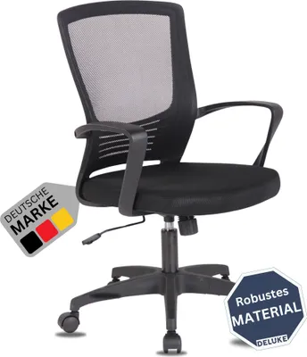 Produktbild von DELUKE® Bürostuhl Ergonomisch VAKO Schreibtischstuhl mit Netzbespannung | Höhenverstellbarer Drehstuhl, Arbeitsstuhl mit Armlehne | Computerstuhl 140 kg | Schwarz