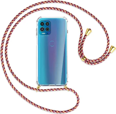 Produktbild von Handykette Backcover-Schutzhülle mit Band (Metall goldfarben) für Motorola Moto G100 - weinrot/gelb/grau