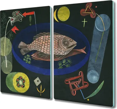 Produktbild von Coloray Hackbrett Kochplattenabdeckung Herdabdeckplatte 2x30x52 cm Schneidebrett Küchenbrett - Rund um den Fisch Paul Klee